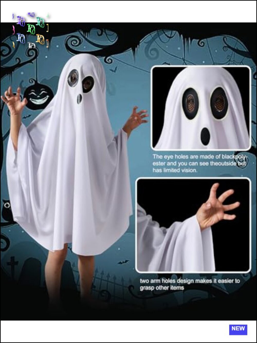 Kids Ghost Costume Cape Halloween Boo Cloak Toddler Boy Girl Glow Dark Cosplay - Picture 2 of 6